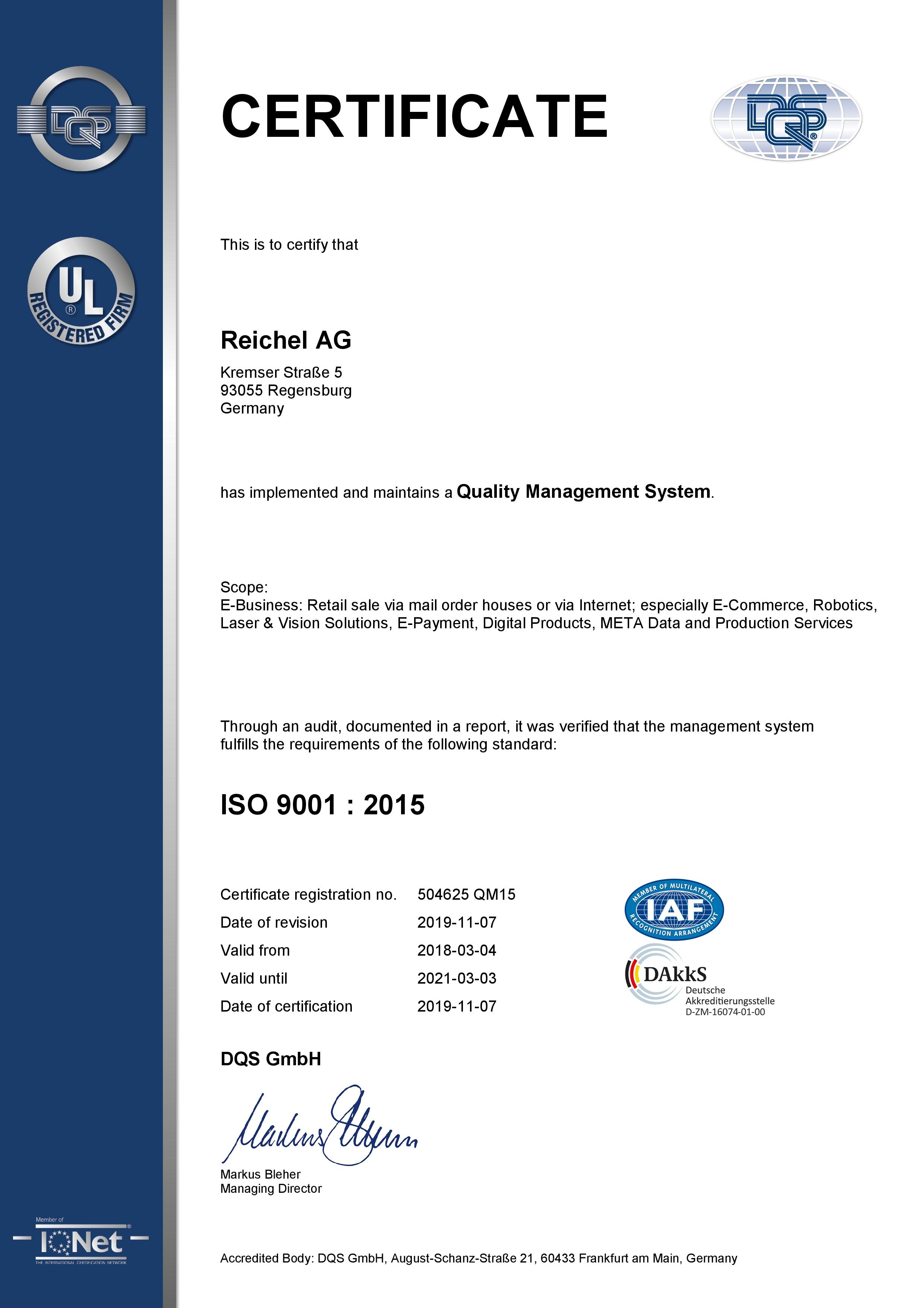 Qualitätsmanagement der Reichel AG ISO 9001:2015 Englisch